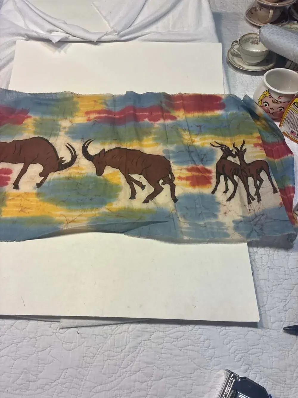Vintage Hand-Dyed African Batik Fabric Wall Hanging with Antelope Motif